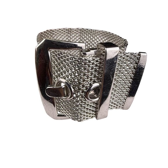 Wide Silver Tone Mesh Buckle Bracelet For Women Statement Cuff Retro Metalwork - Picture 1 of 4